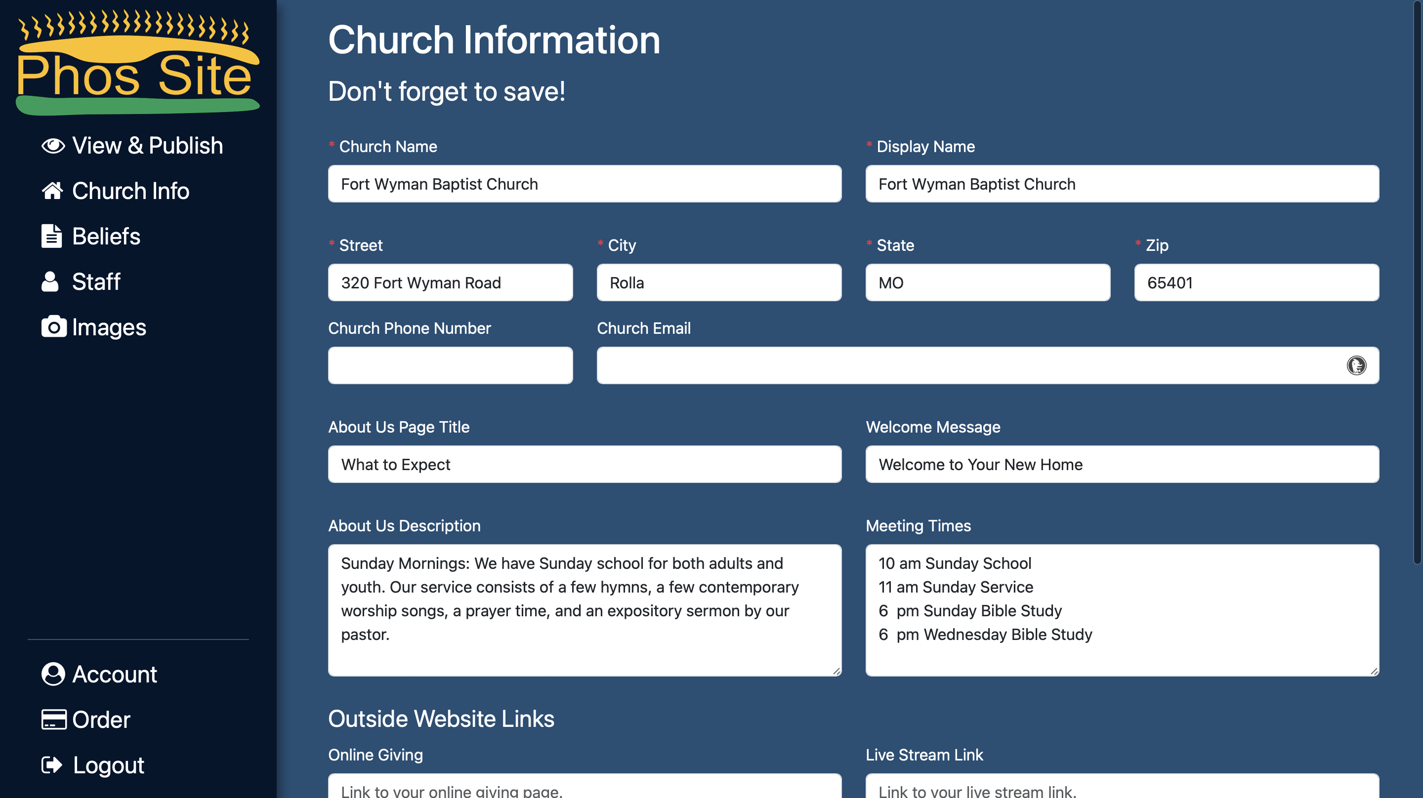 Form that users use to enter their church's information